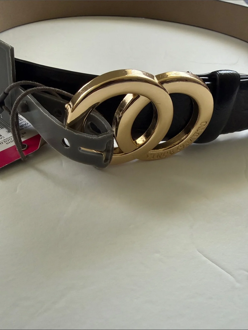 Vince Camuto Black Leather Belt with Gold Double Ring Buckle